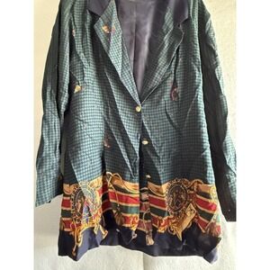 Kathie Lee Jacket Womens 2X Green Horse Equestrian Print Check Button Lined